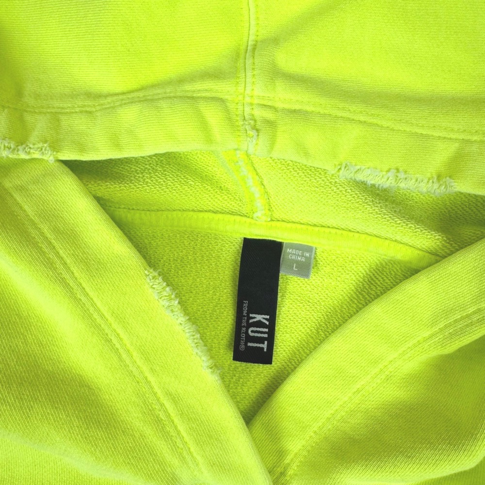 KUT from the Kloth Womens Neon Yellow Distressed French Terry Hoodie Large - Picture 3 of 5